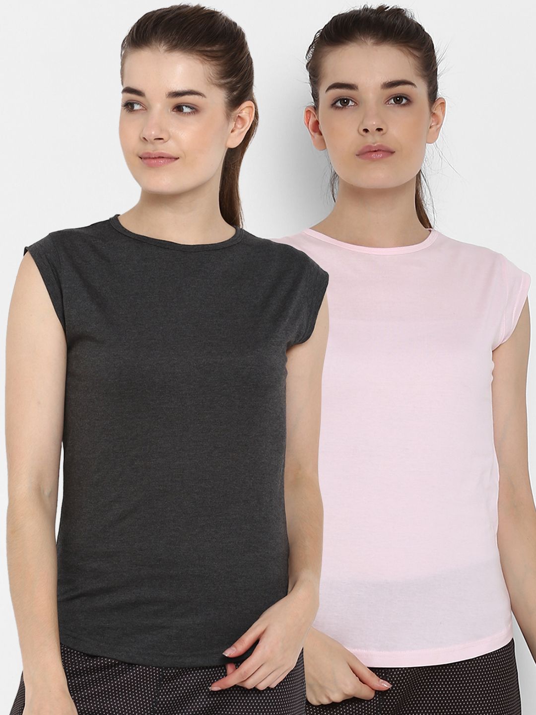 appulse Women Pack of 2 Pink & Charcoal Grey Solid Round Neck T-shirt Price in India
