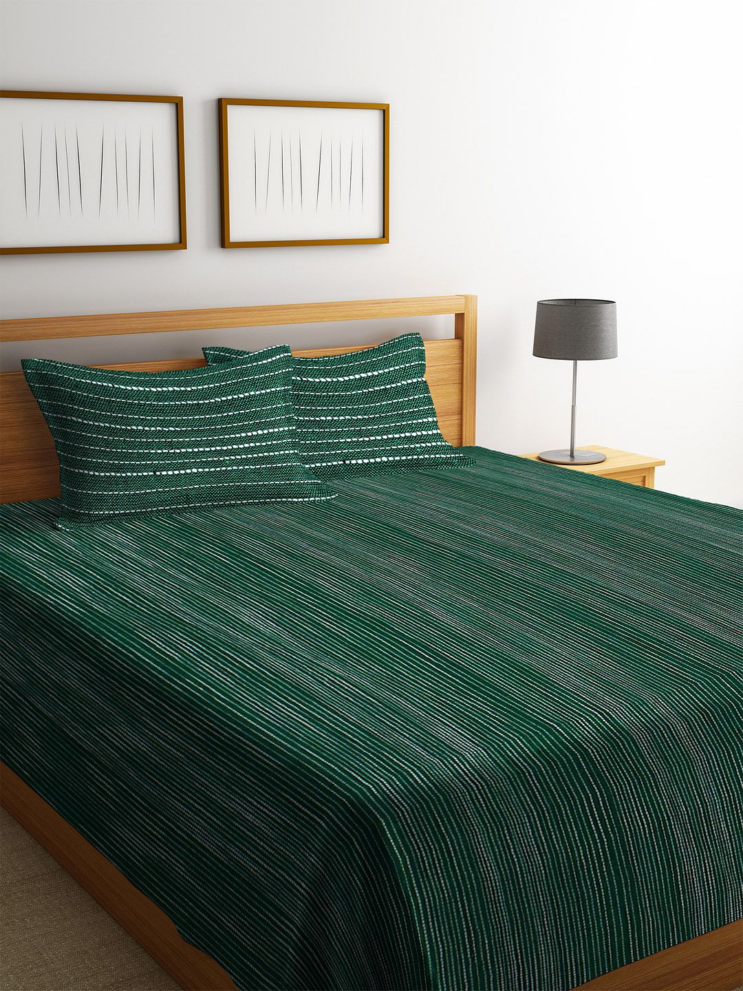 KLOTTHE Green & White Woven Design Double Bed Cover With 2 Pillow Covers Price in India
