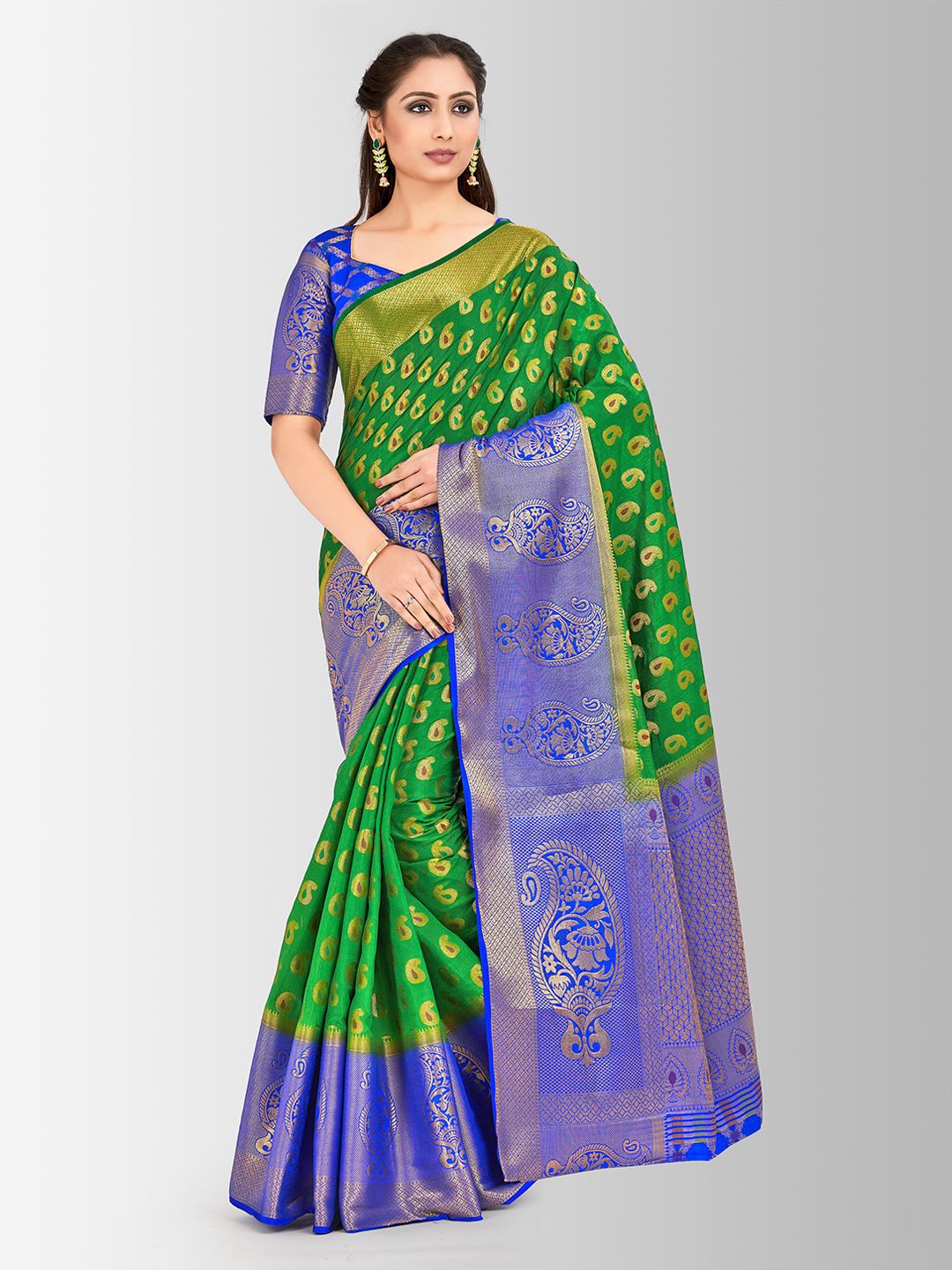 Mitera Green & Blue Art Silk Woven Design Kanjeevaram Saree Price in India