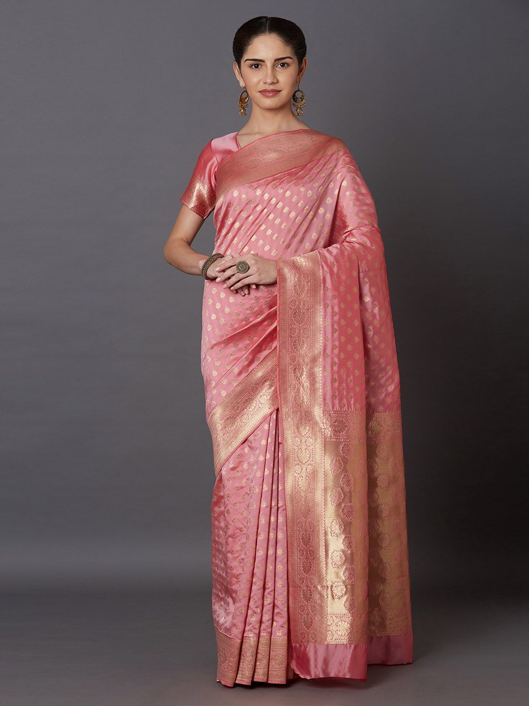 Mitera Pink & Gold-Toned Silk Blend Woven Design Kanjeevaram Saree Price in India