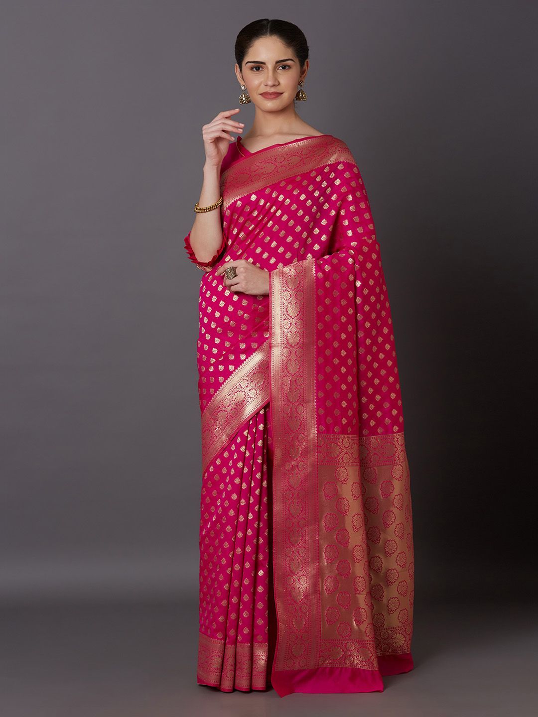 Mitera Pink & Gold-Toned Silk Blend Woven Design Kanjeevaram Saree Price in India