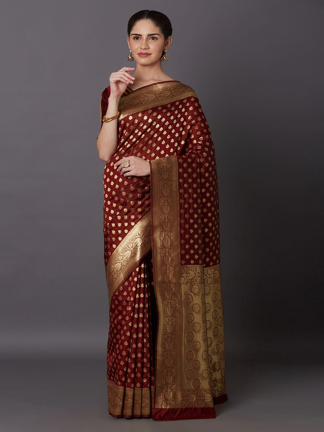 Mitera Maroon & Gold-Toned Silk Blend Woven Design Kanjeevaram Saree Price in India