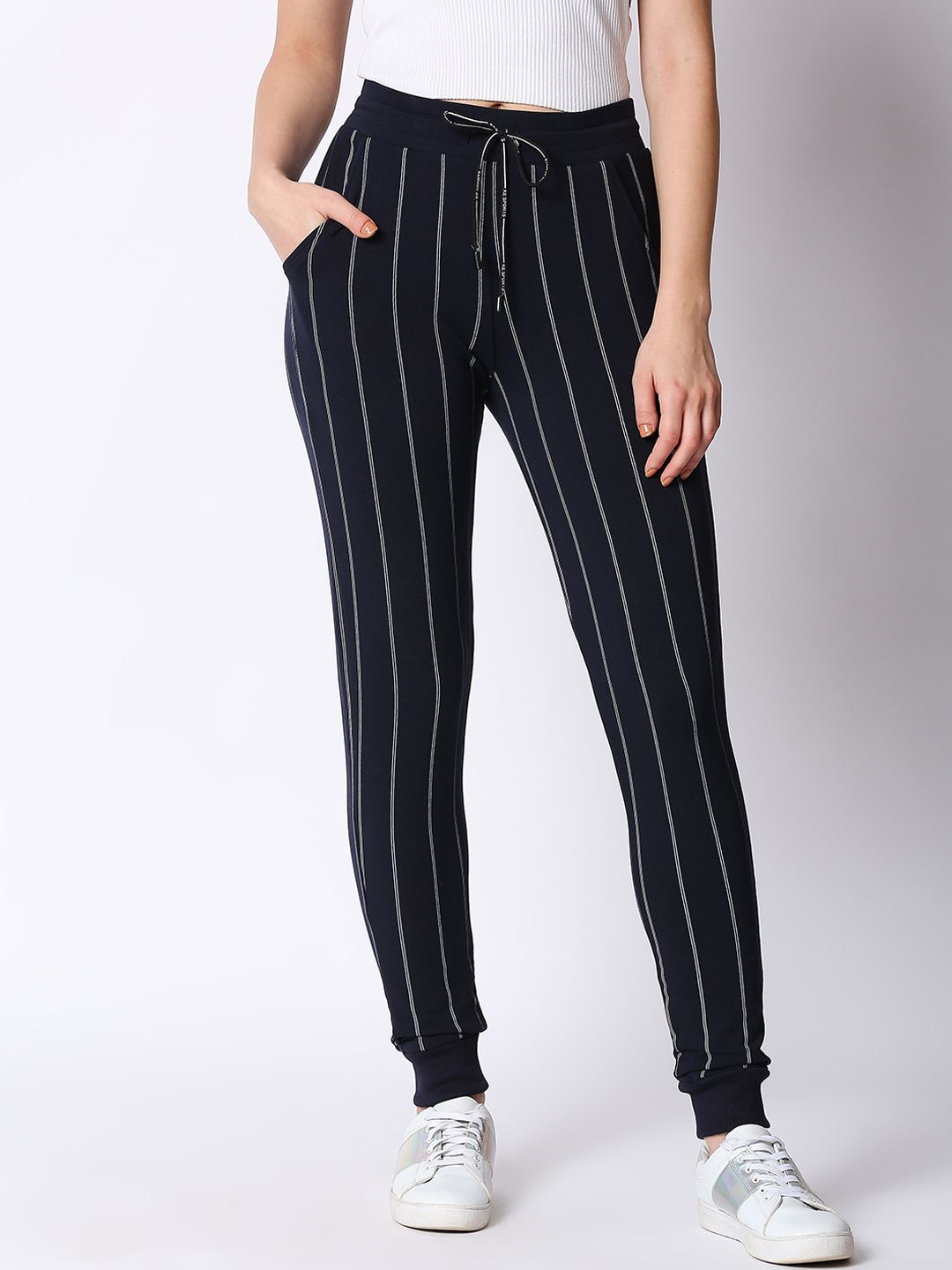 I like me Women Navy Blue & Grey Striped Joggers Price in India