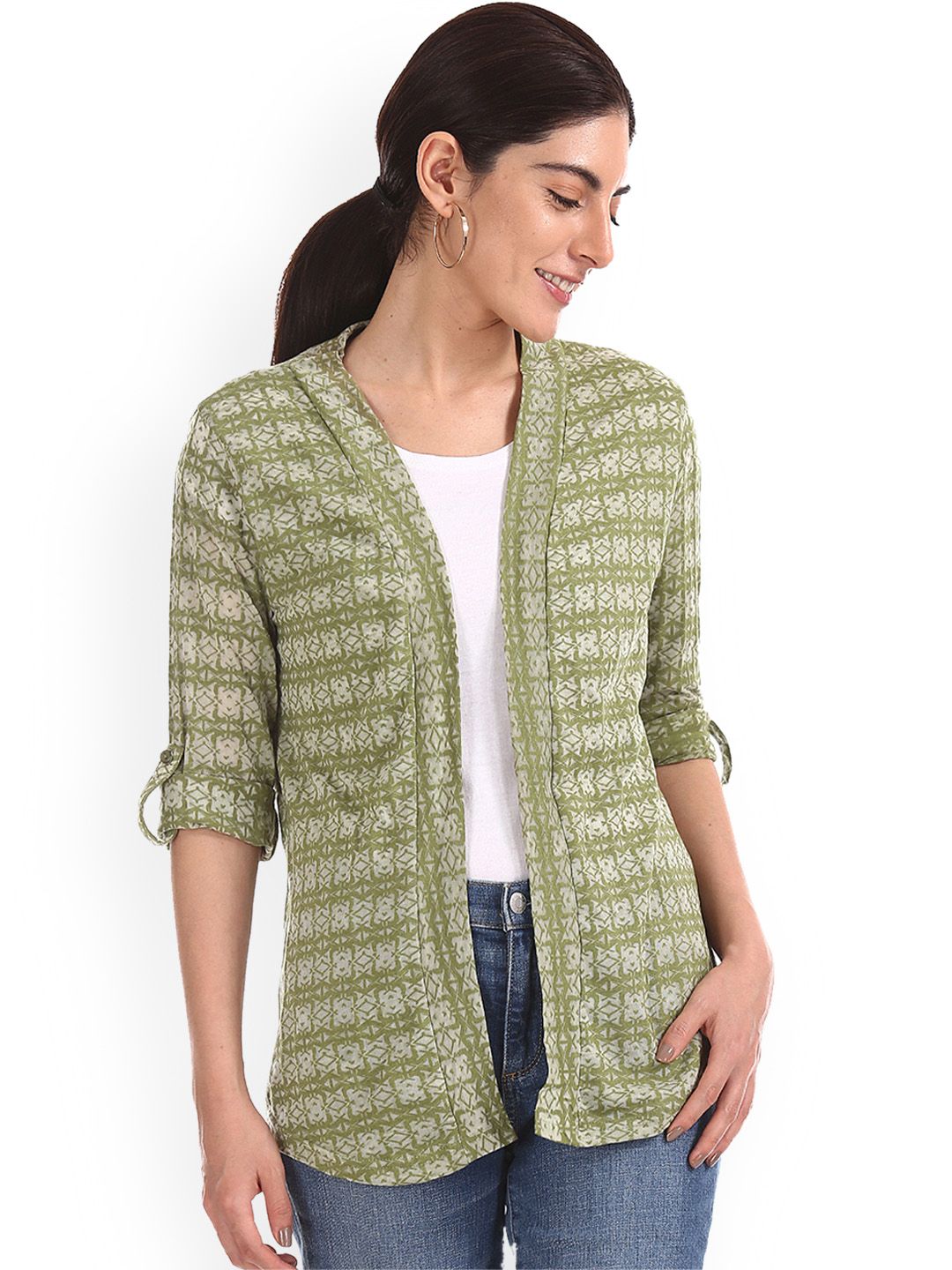 Cherokee Women Olive Green Printed Open Front Shrug Price in India