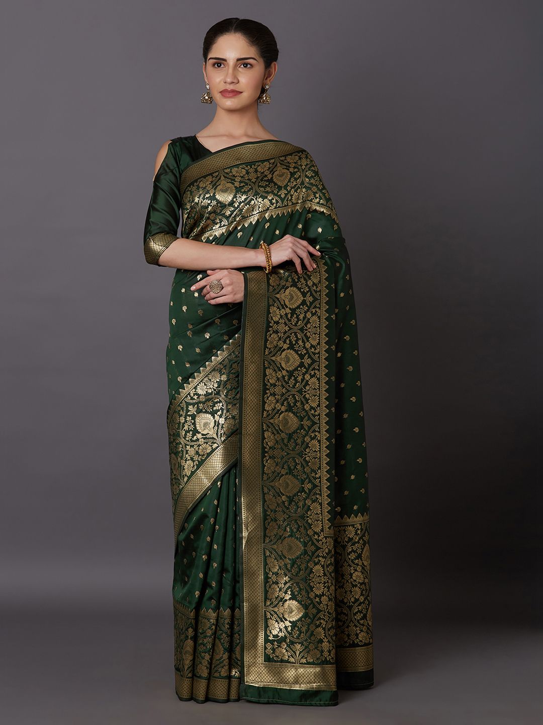 Mitera Green & Gold-Toned Silk Blend Woven Design Kanjeevaram Saree