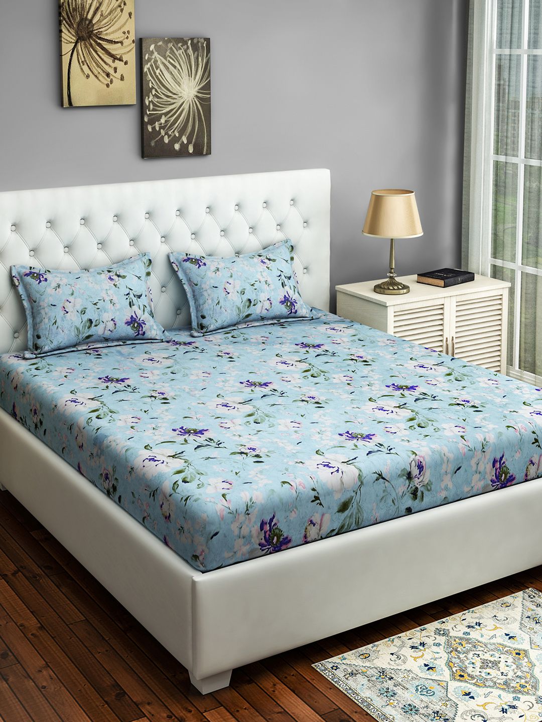 SWAYAM Turquoise Blue & White Floral 144 TC 1 Double Queen Bedsheet with 2 Pillow Covers Price in India