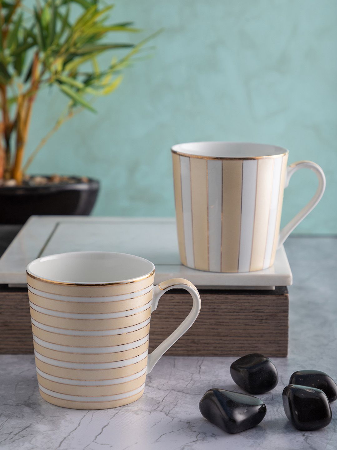 SONAKI Set Of 4 Beige & White Striped Bone China Mugs Price in India