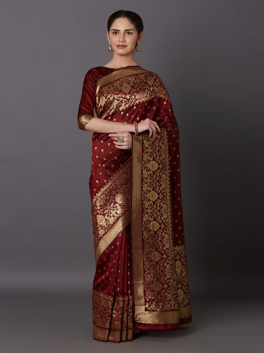 Mitera Maroon & Gold-Toned Woven Design Kanjeevaram Saree Price in India