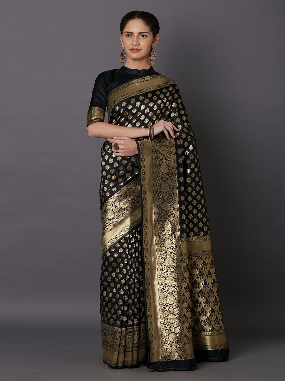 Mitera Black Woven Design Kanjeevaram Saree Price in India