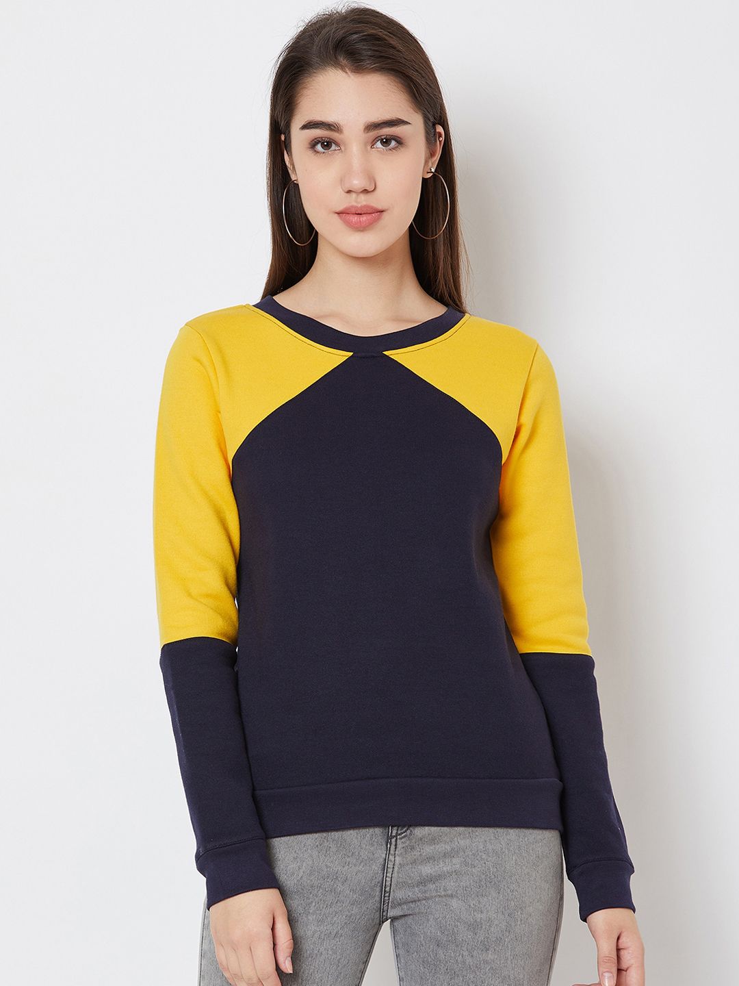 Nun Women Navy Blue & Yellow Colourblocked Sweatshirt Price in India