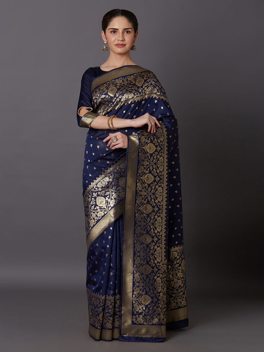 Mitera Navy Blue & Gold-Toned Woven Design Kanjeevaram Saree Price in India