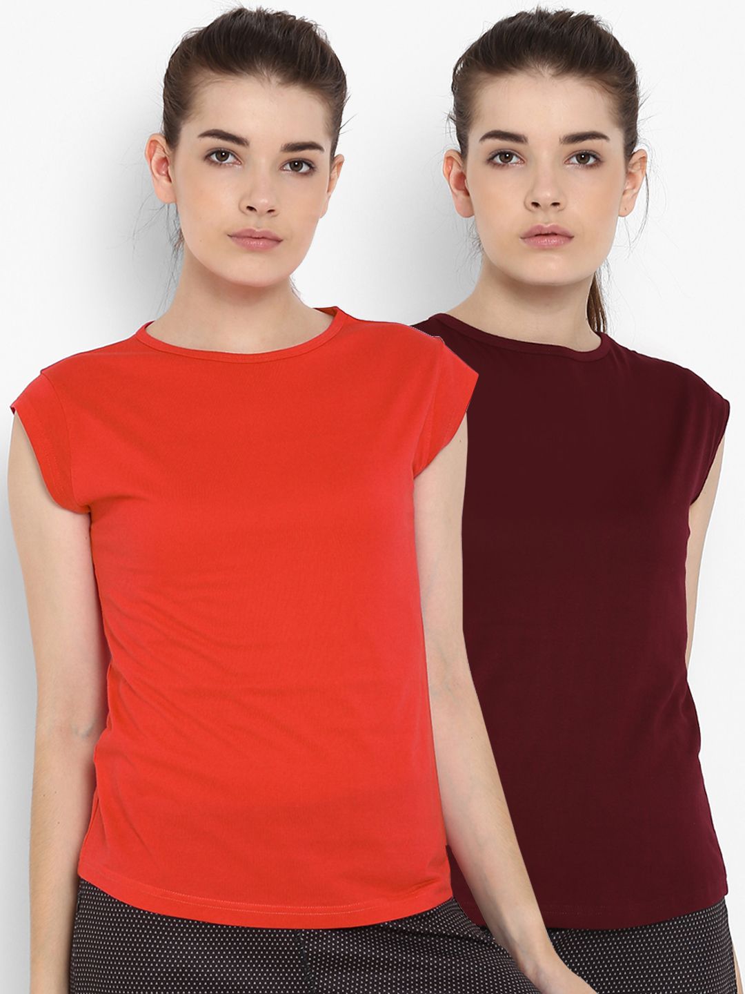 appulse Women Pack of 2 Red & Maroon Solid Round Neck T-shirt Price in India
