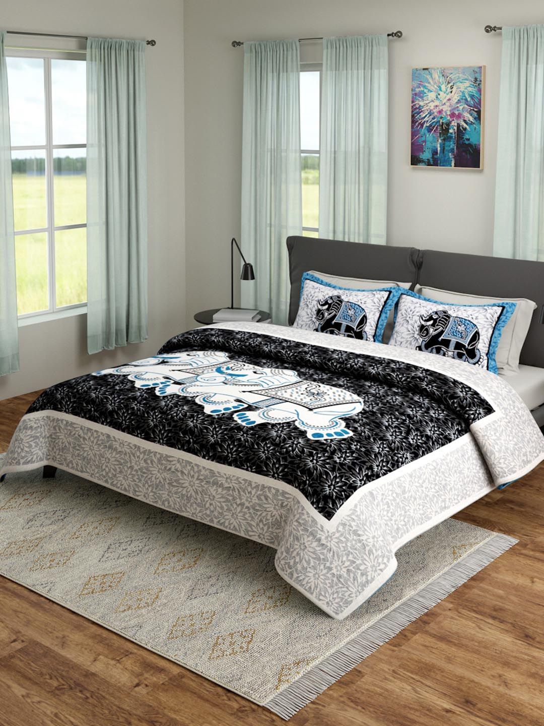 ROMEE Off-White & Turquoise Blue Queen Sized Printed 180TC Bed Cover With 2 Pillow Cases Price in India