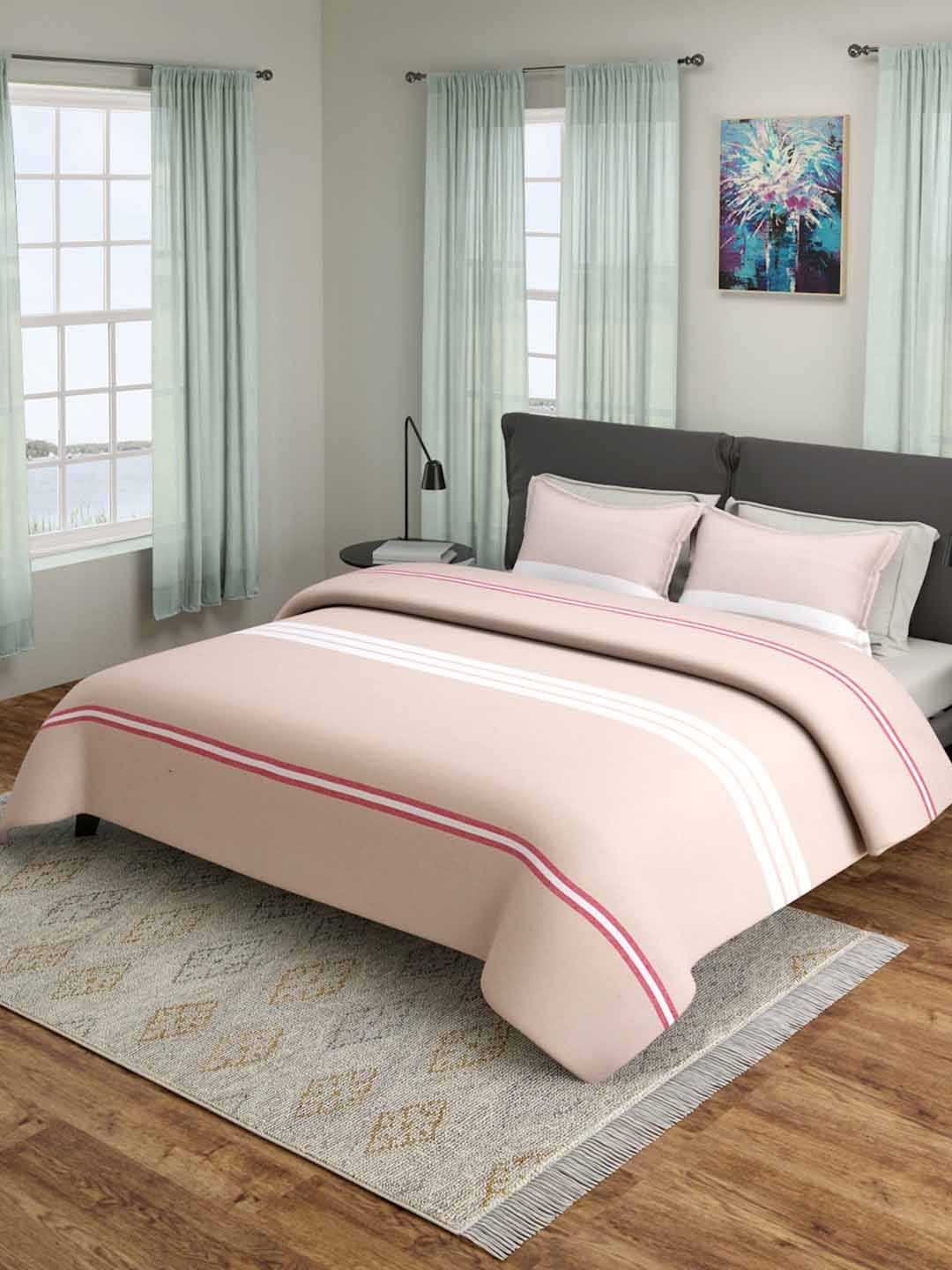 ROMEE Beige & White Striped 180 TC Queen Size Double Bed Covers With 2 Pillow Covers Price in India