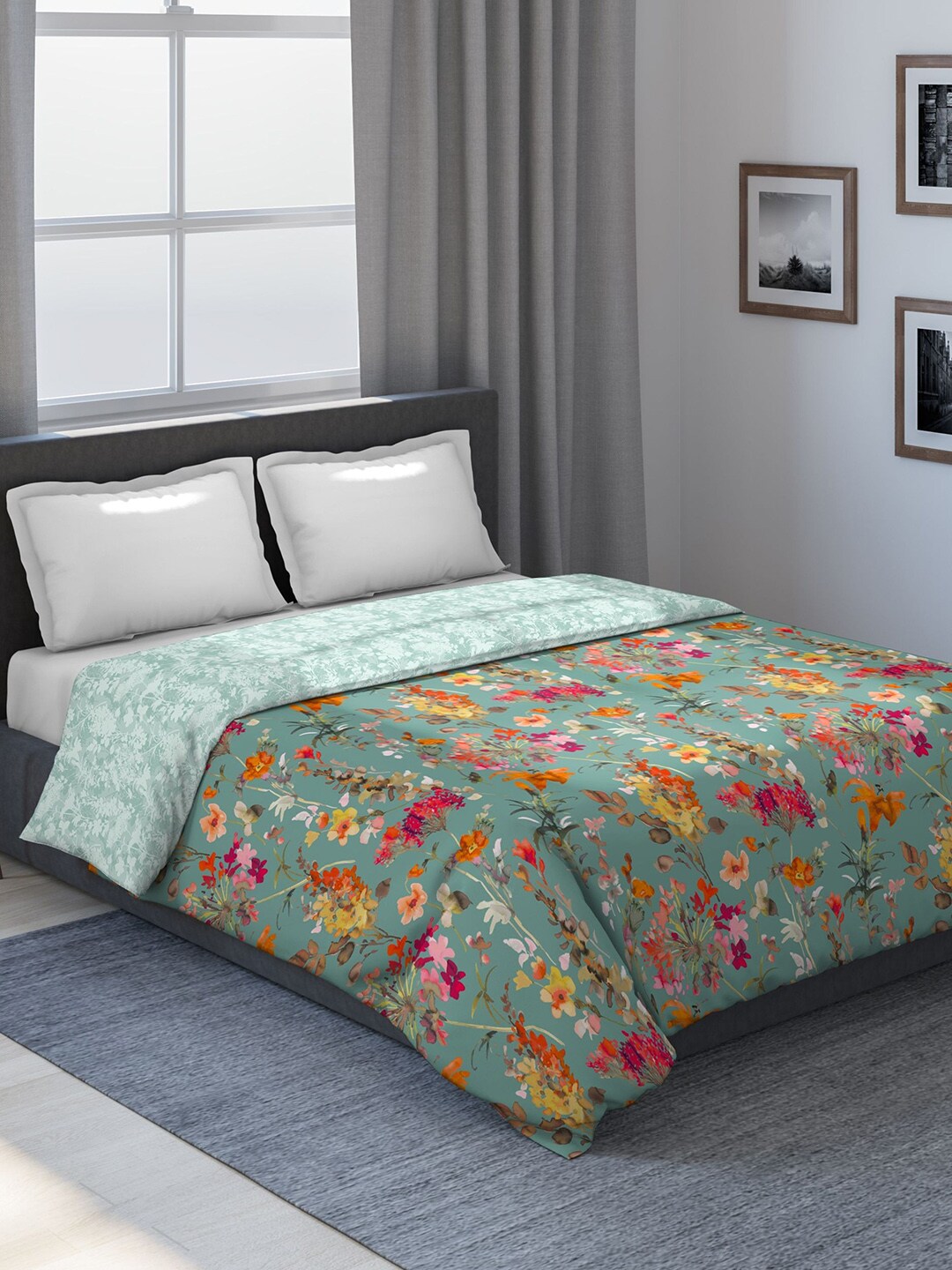 DDecor Turquoise Blue & Orange Floral Mild Winter 150 GSM Double Bed Comforter Price in India