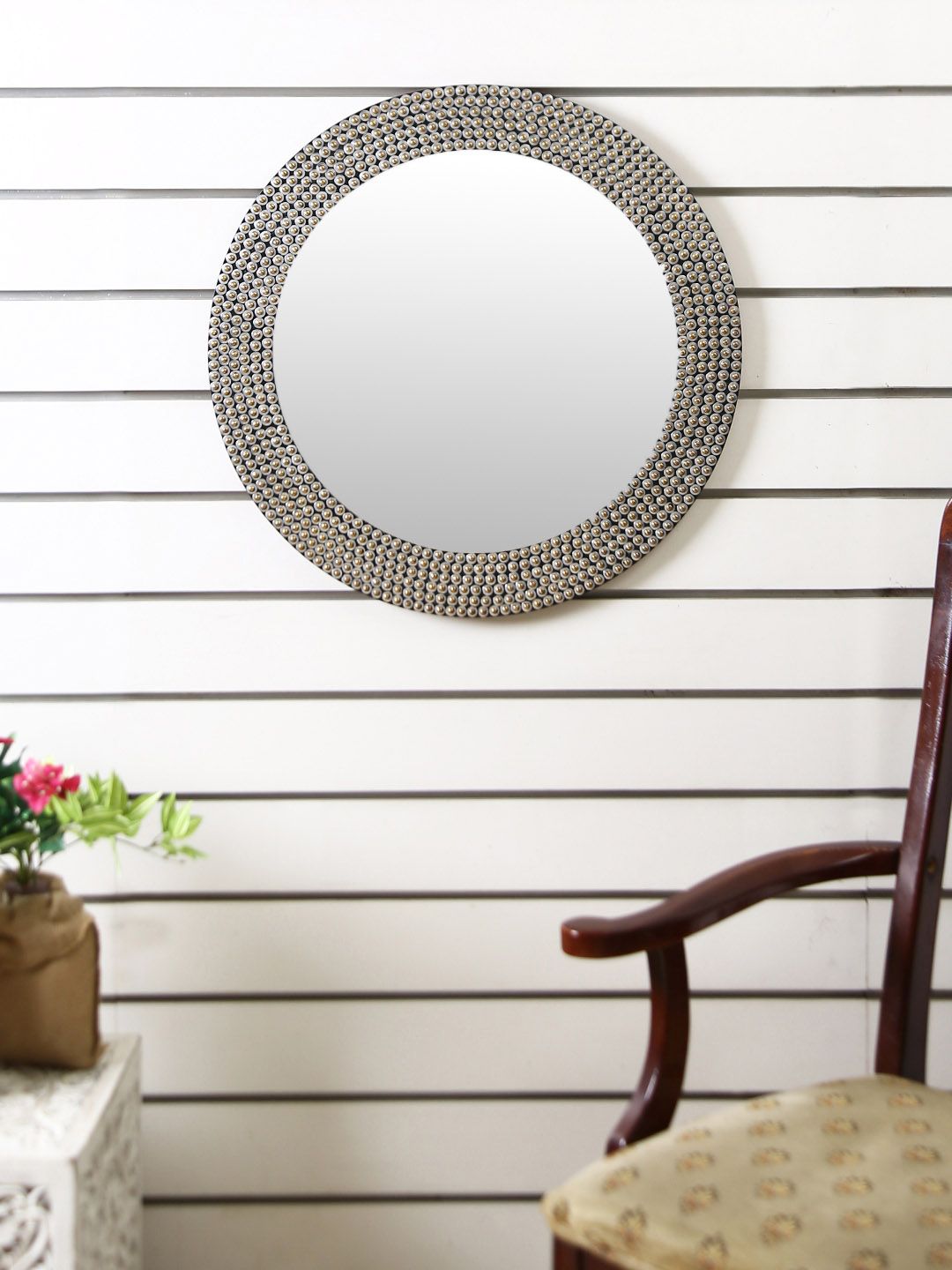 HOSLEY Silver-Toned & Gold-Toned Round Metal Studded Wall Mirror Price in India