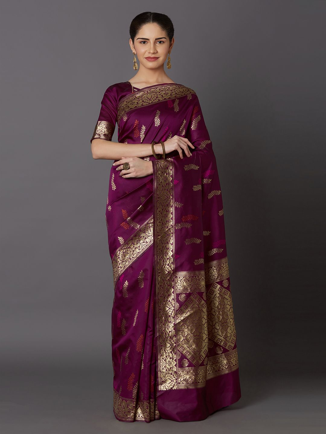 Mitera Purple & Gold-Toned Silk Blend Woven Design Kanjeevaram Saree Price in India