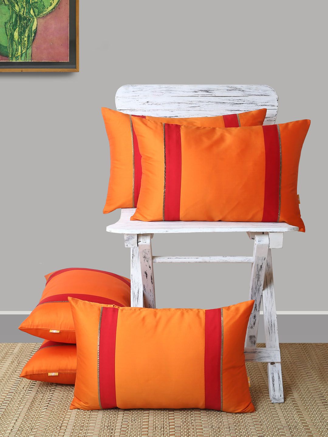 ANS Orange & Red Set of 5 Striped Rectangle Cushion Covers Price in India