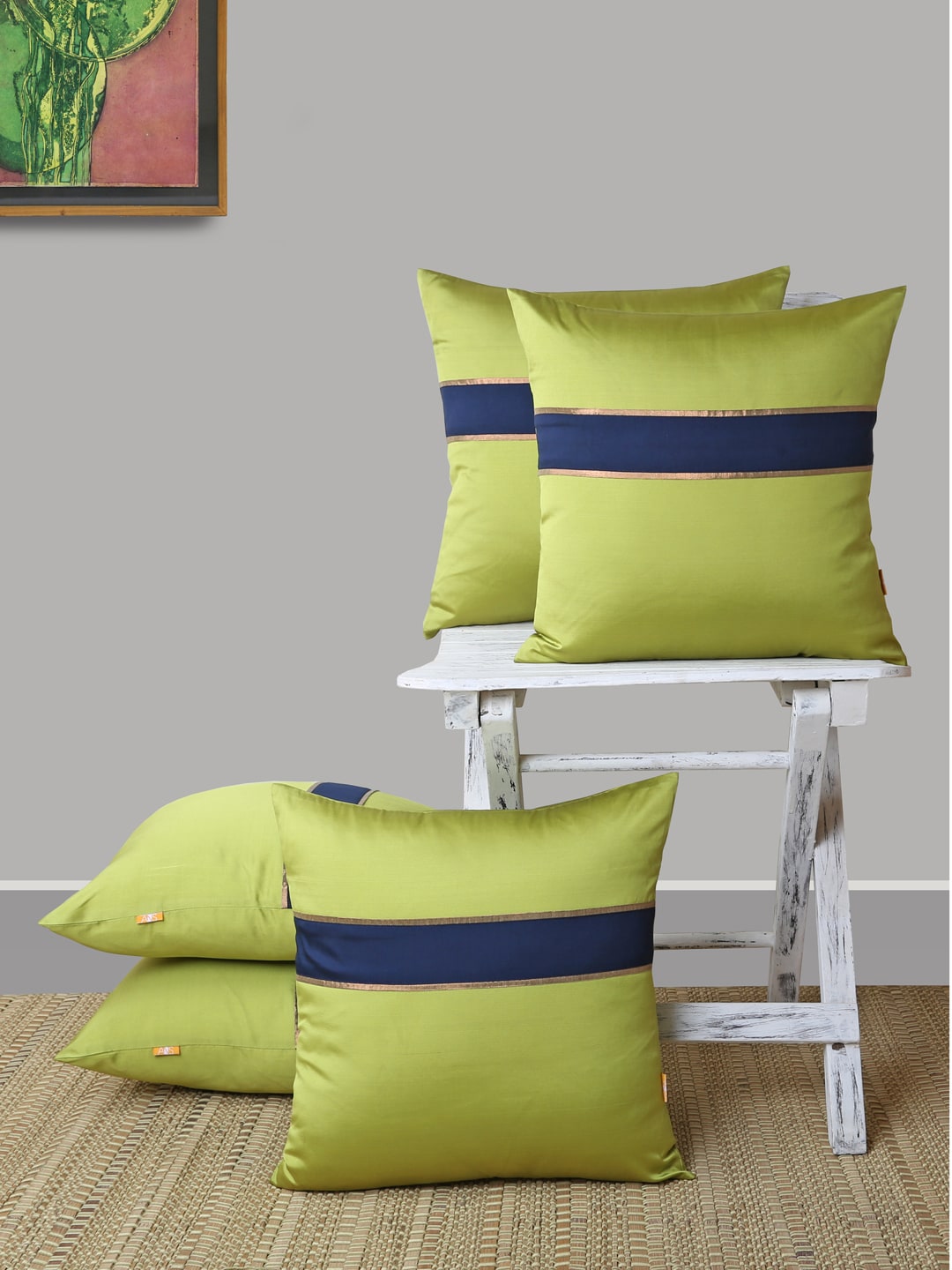 ANS Lime Green & Navy Blue Set of 5 Striped Square Cushion Covers Price in India