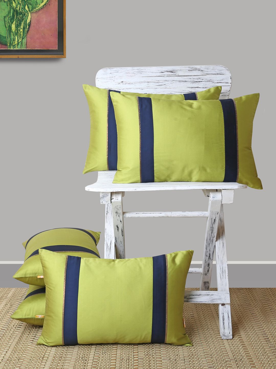 ANS Lime Green & Navy Blue Set of 5 Striped Rectangle Cushion Covers Price in India
