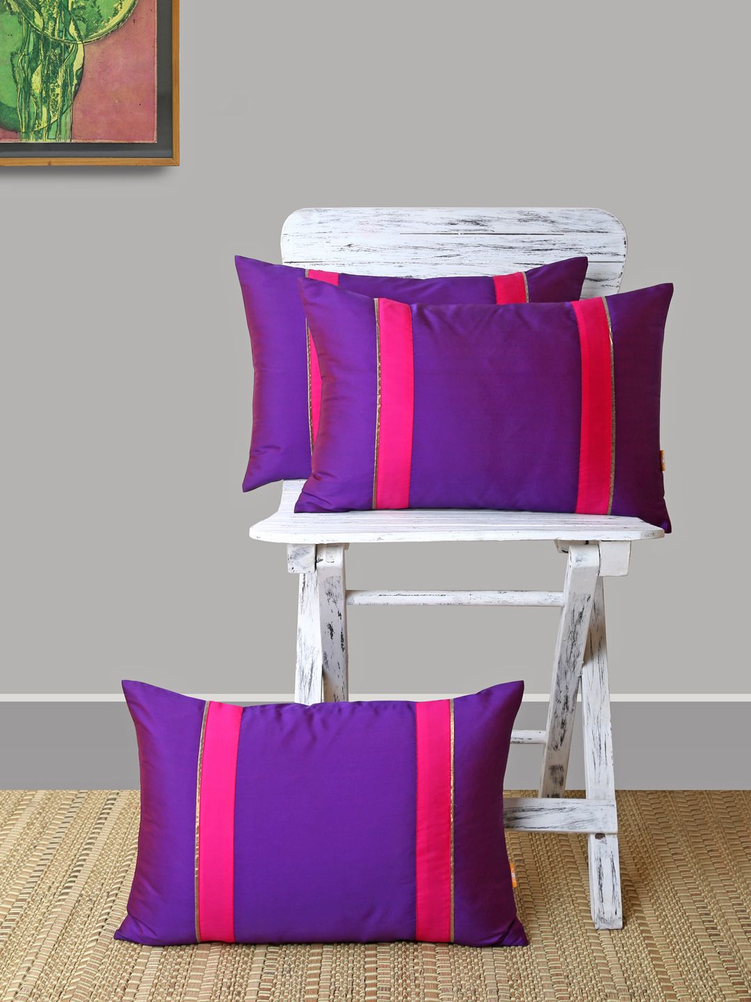 ANS Purple & Pink Set of 3 Striped Rectangle Cushion Covers Price in India