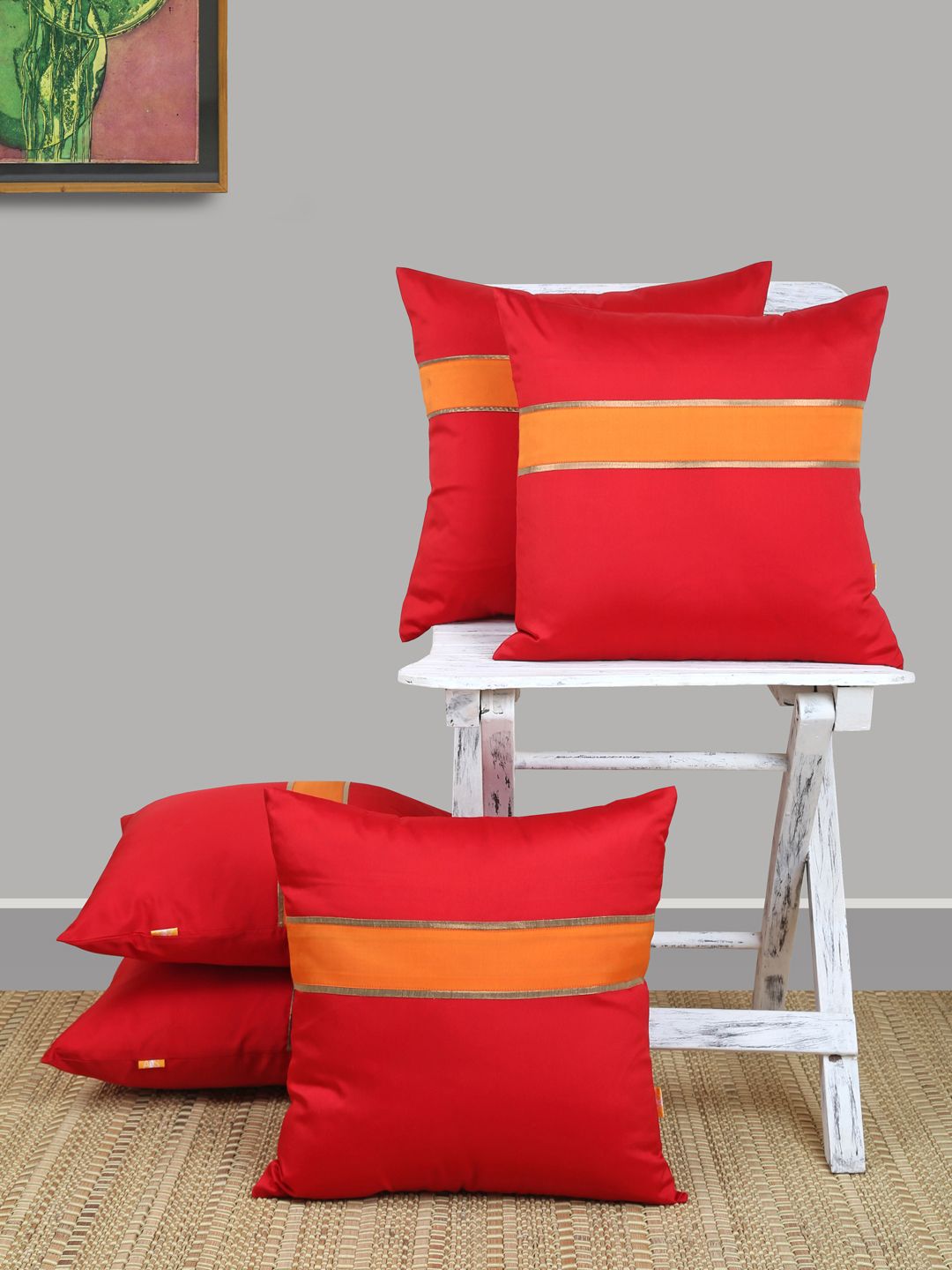 ANS Red & Orange Set of 5 Striped Square Cushion Covers Price in India