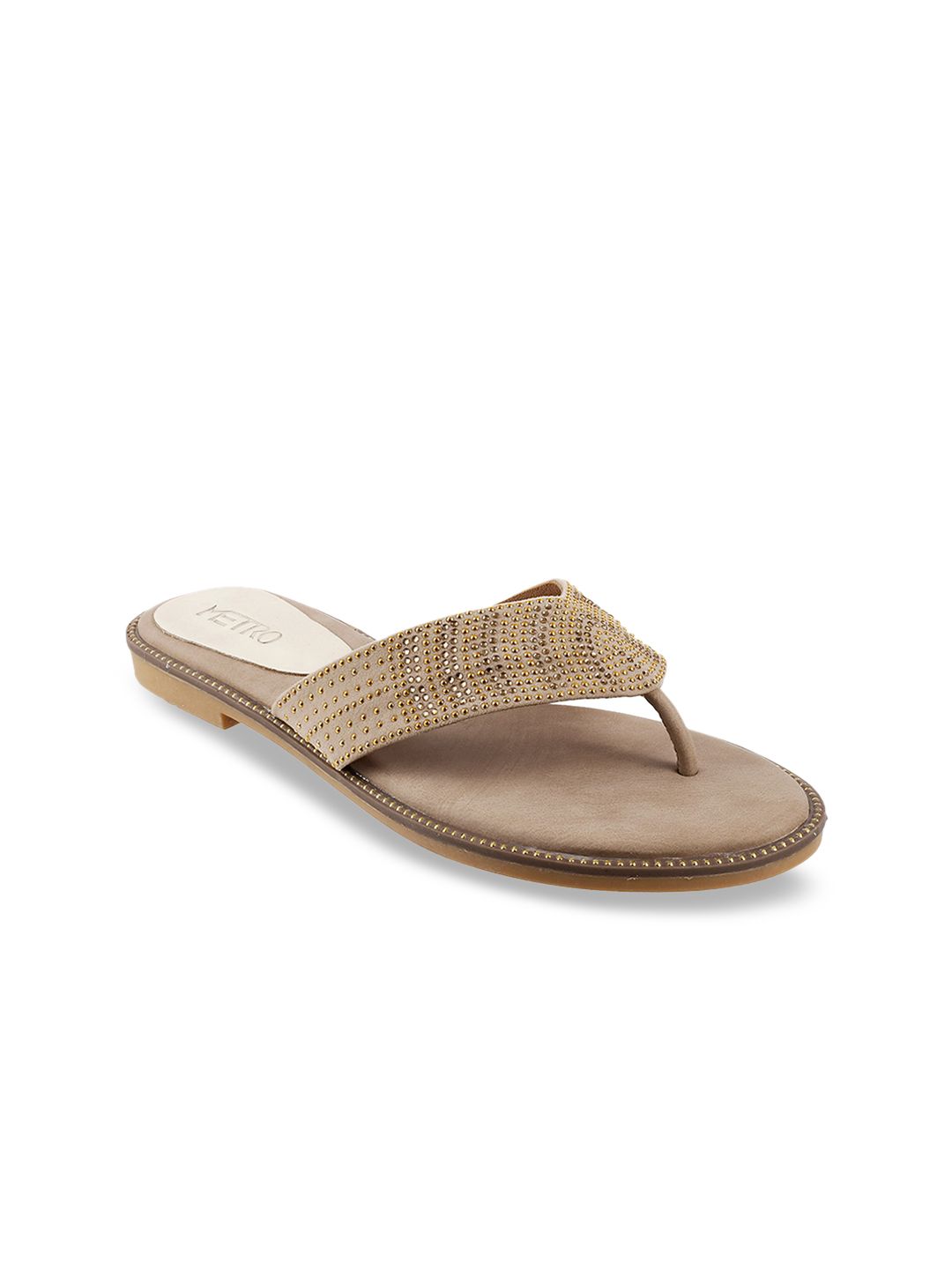 Women Open Toe Flats Metro Women Beige Embellished Open Toe Flats