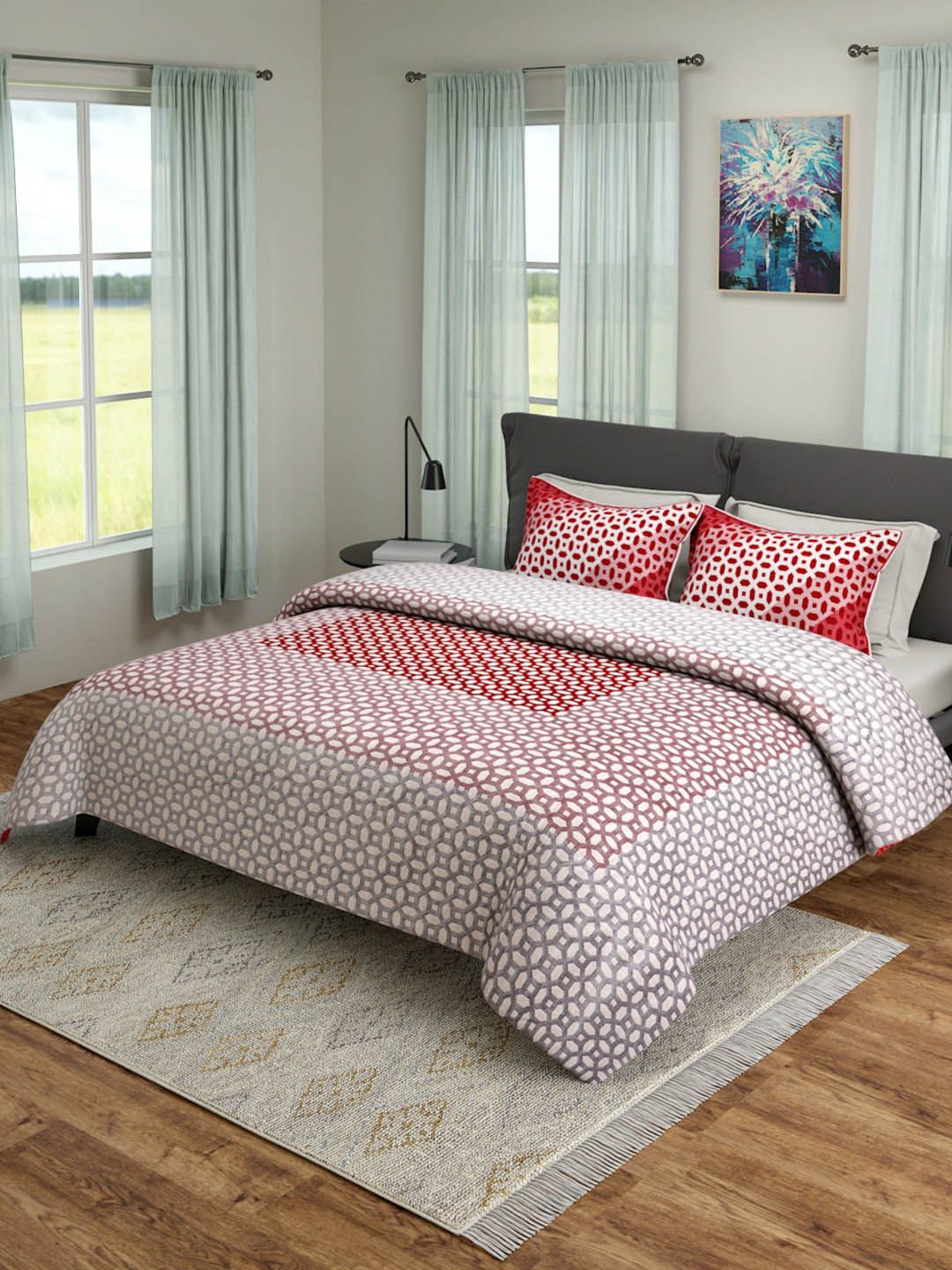 ROMEE Maroon & White Queen Sized Printed 180TC Bed Cover With 2 Pillow Cases Price in India