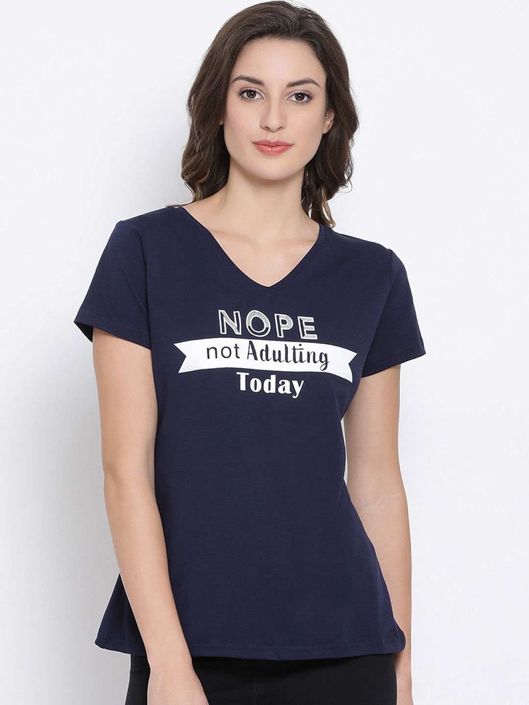 Clovia Women Blue Printed V-Neck Lounge T-shirt Price in India