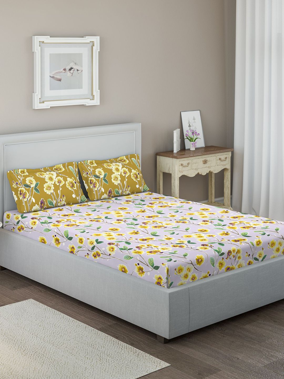 DDecor Yellow & Off-White Floral 144 TC Cotton 1 Queen Bedsheet with 2 Pillow Covers Price in India