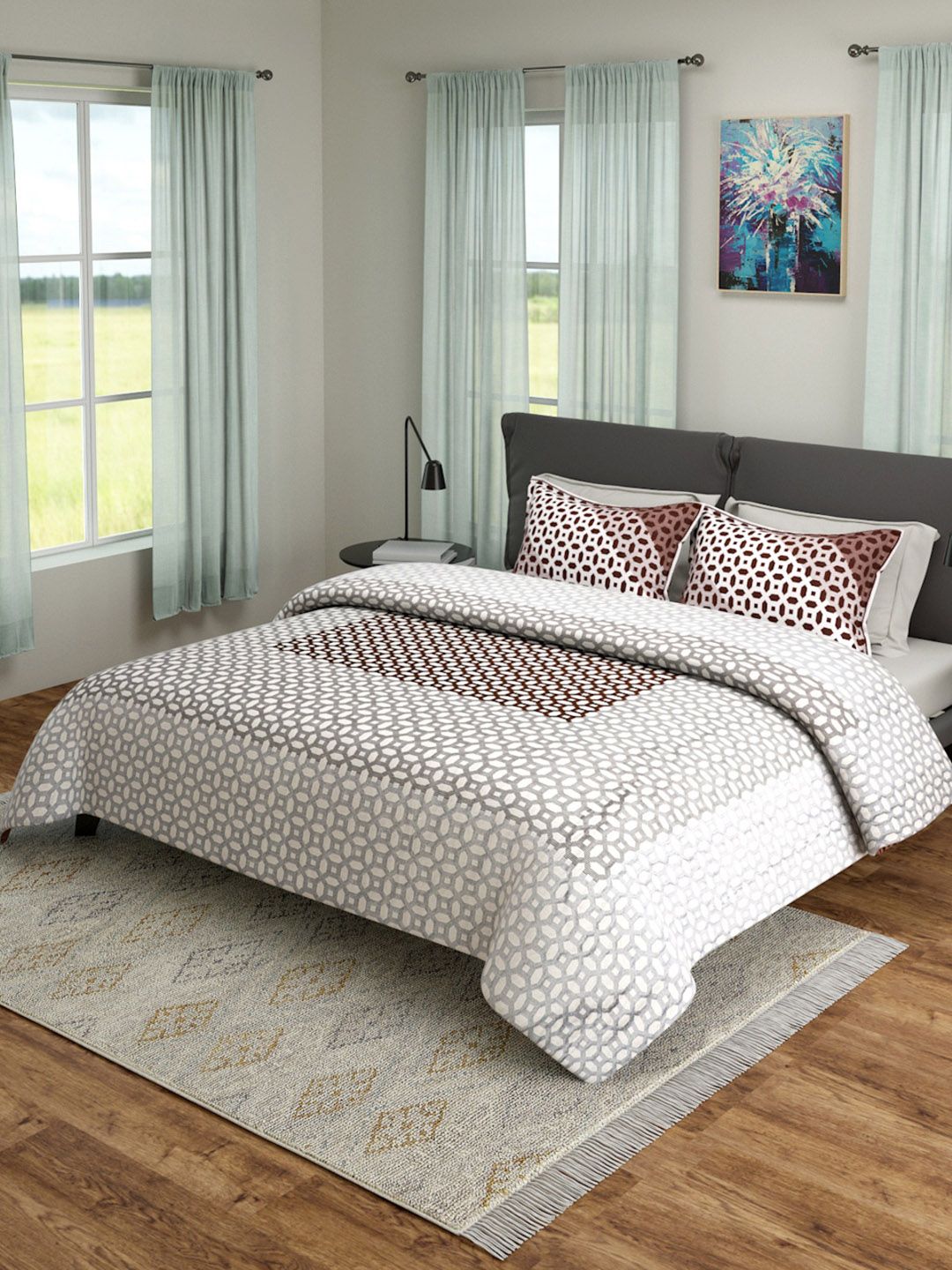 ROMEE Turquoise Brown & White Queen Sized Printed 180TC Bed Cover With 2 Pillow Cases Price in India