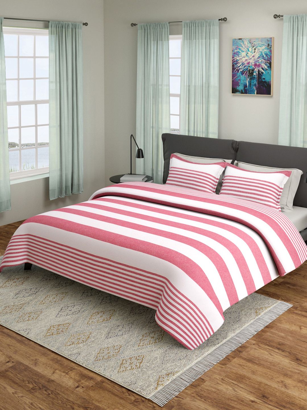 ROMEE Pink & White Striped Queen Size 180 TC Bed Sheet With 2 Pillow Covers Price in India