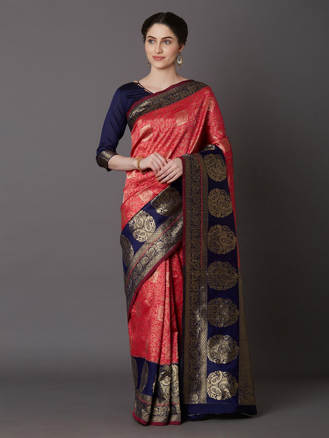 Mitera Pink & Gold-Coloured Silk Blend Woven Design Kanjeevaram Saree Price in India