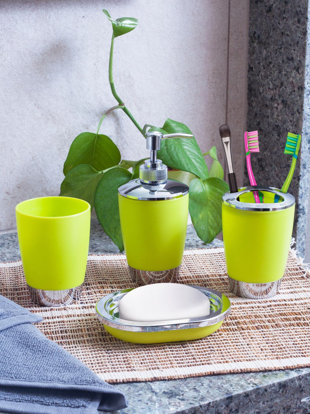 Story@home Set of 4 Fluorescent Green Solid Plastic Bathroom Accessories Price in India