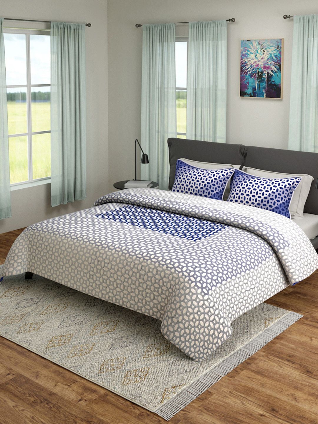 ROMEE Blue & White Geometric Printed Queen Size 180 TC Bed Sheet With 2 Pillow Covers Price in India