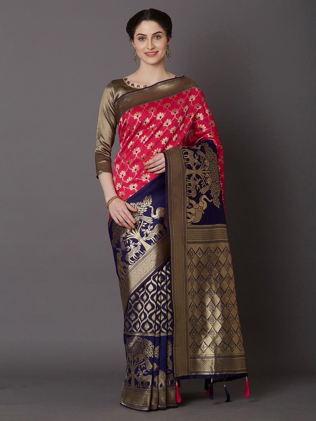 Mitera Pink & Navy Blue Silk Blend Woven Design Kanjeevaram Saree