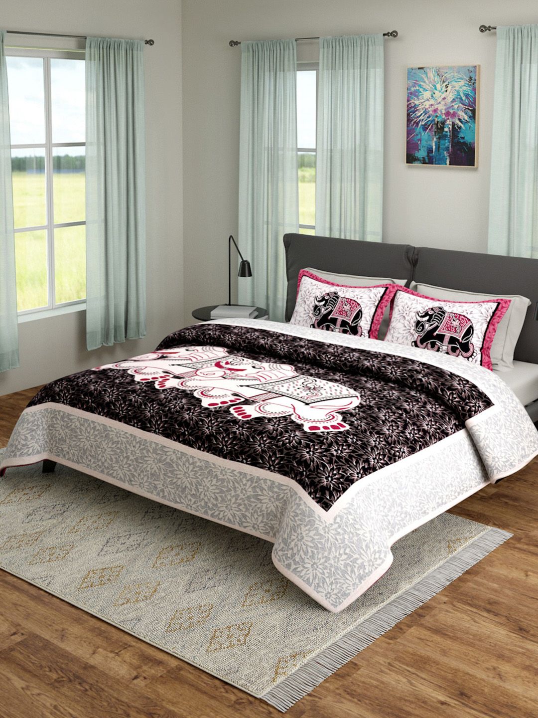 ROMEE Off-White & Pink Queen Sized Reversible Printed 180TC Bed Cover With 2 Pillow Cases Price in India