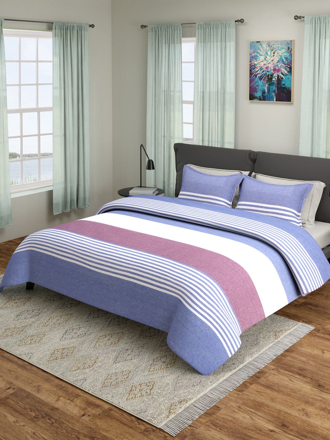ROMEE Blue & White Striped Queen Size 180 TC Bed Sheet With 2 Pillow Covers Price in India