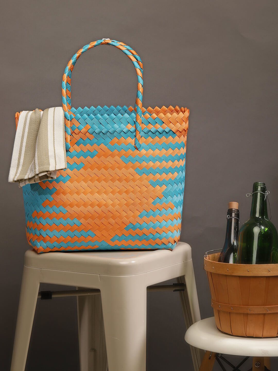 Chumbak Blue & Orange Self Design Tote Bag Price in India
