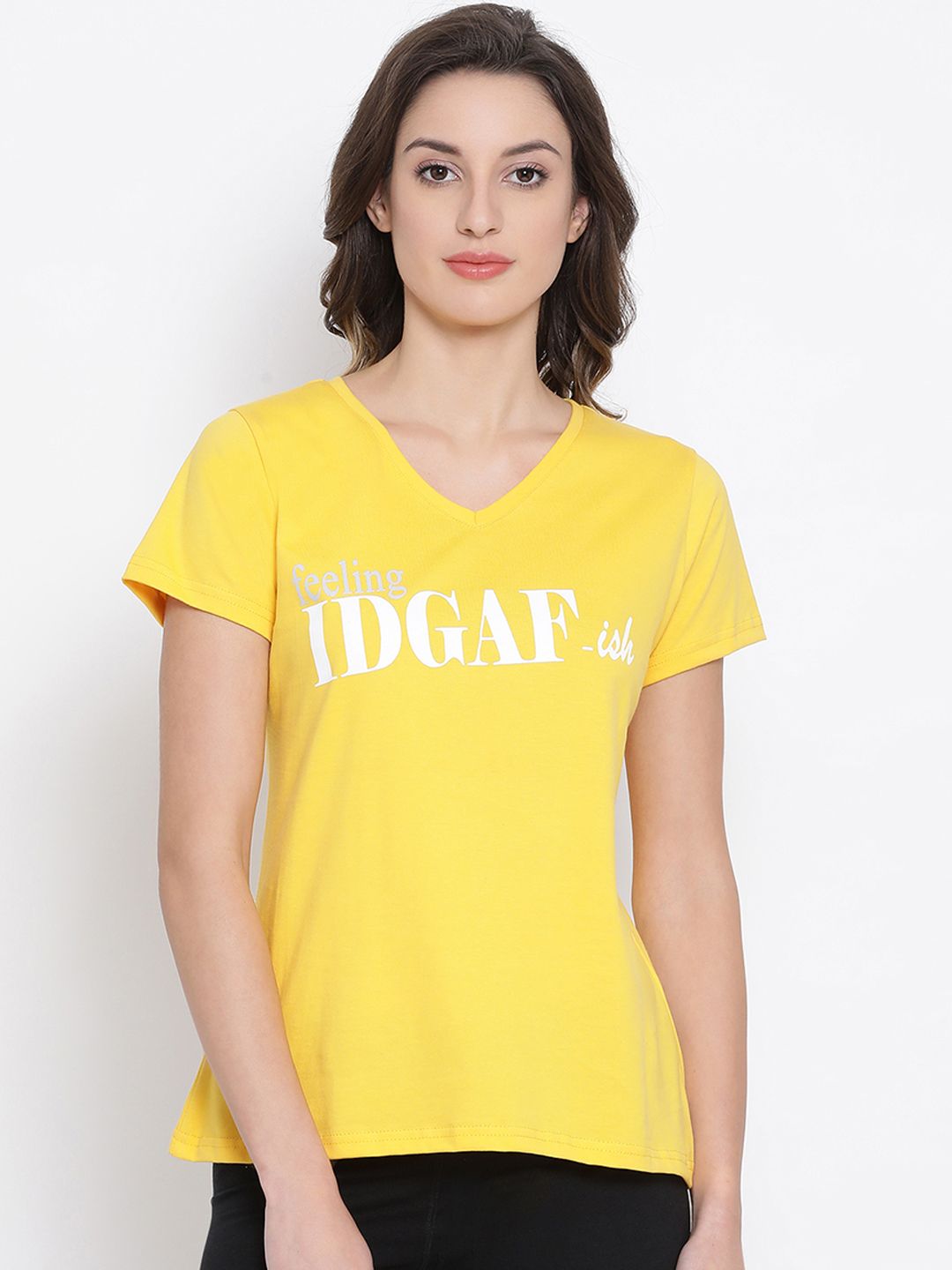 Clovia Women Yellow & White Printed Lounge T-shirt Price in India
