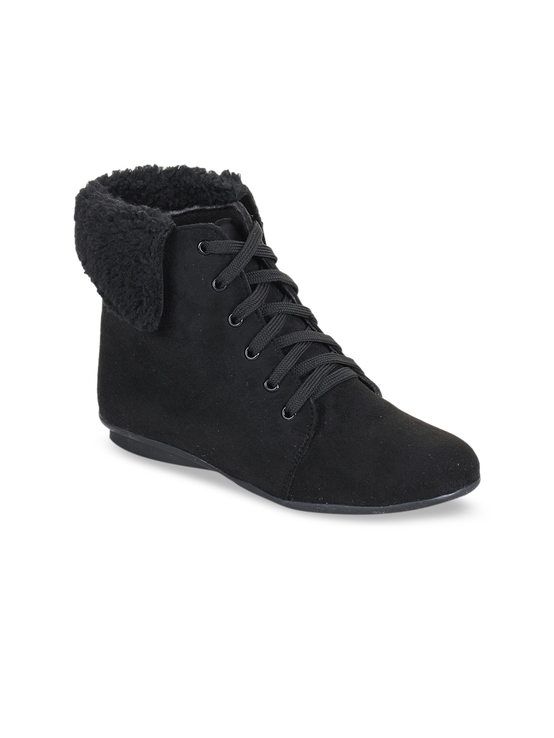 Bruno Manetti Women Black Solid Synthetic High-Top Flat Boots Price in India