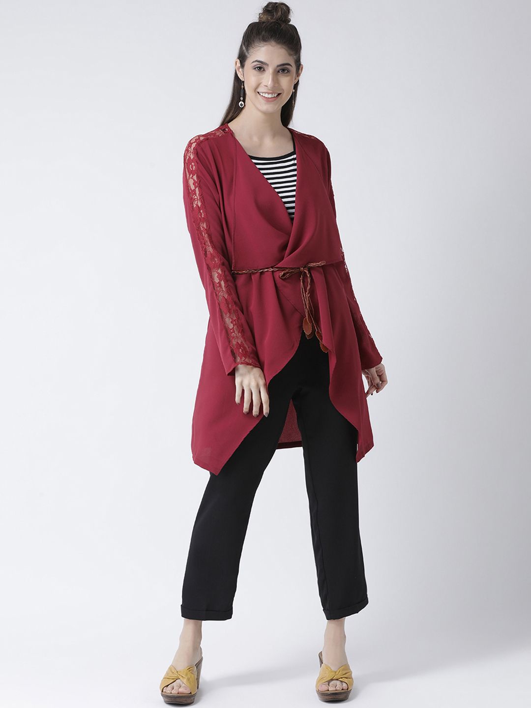 KASSUALLY Women Red Solid Tie-Up Longline Shrug Price in India