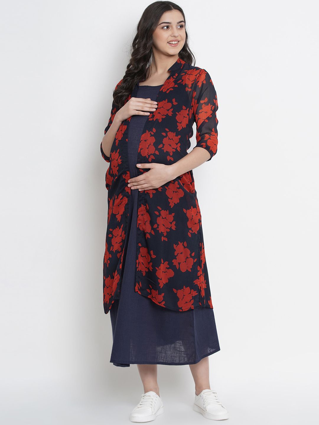 Mine4Nine Women Navy Blue & Red Printed Open Front Maternity Longline Shrug Price in India