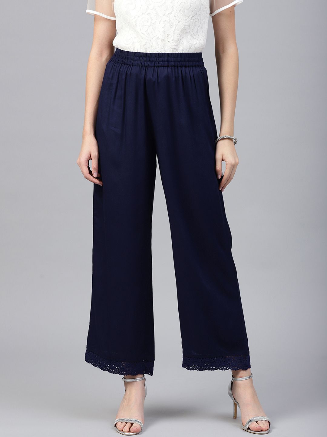 Juniper Women Navy Blue Solid Wide Leg Palazzos Price in India