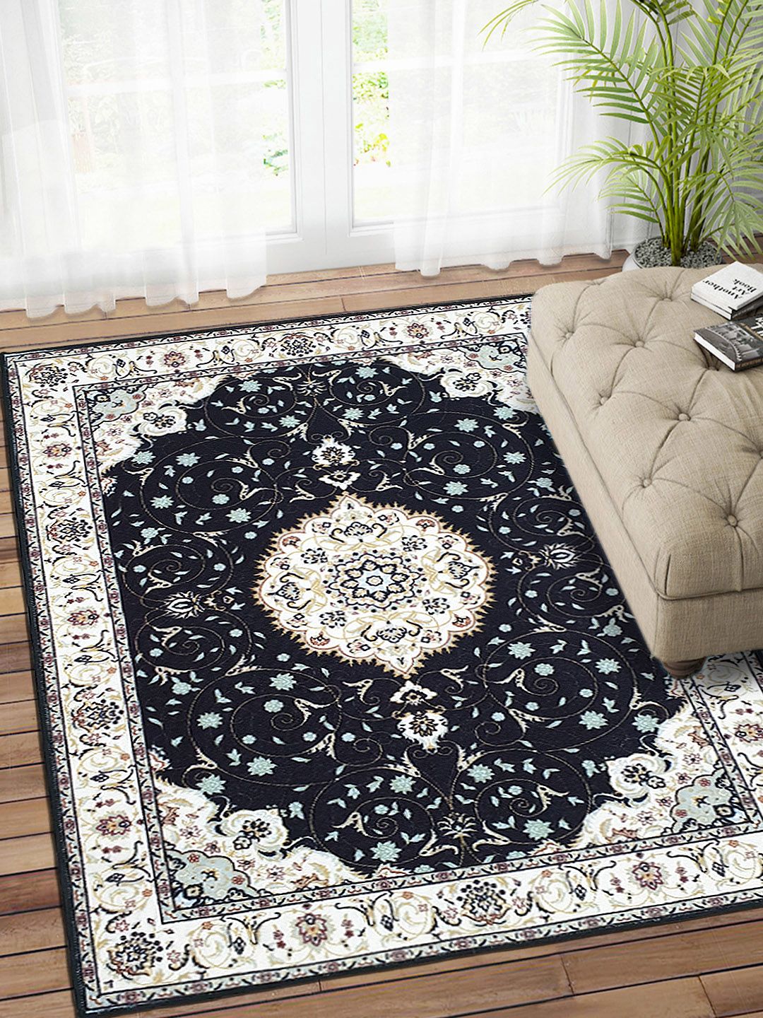 Status Black & Off-White Printed Vintage Persian Nylon Anti-Skid Carpet Price in India