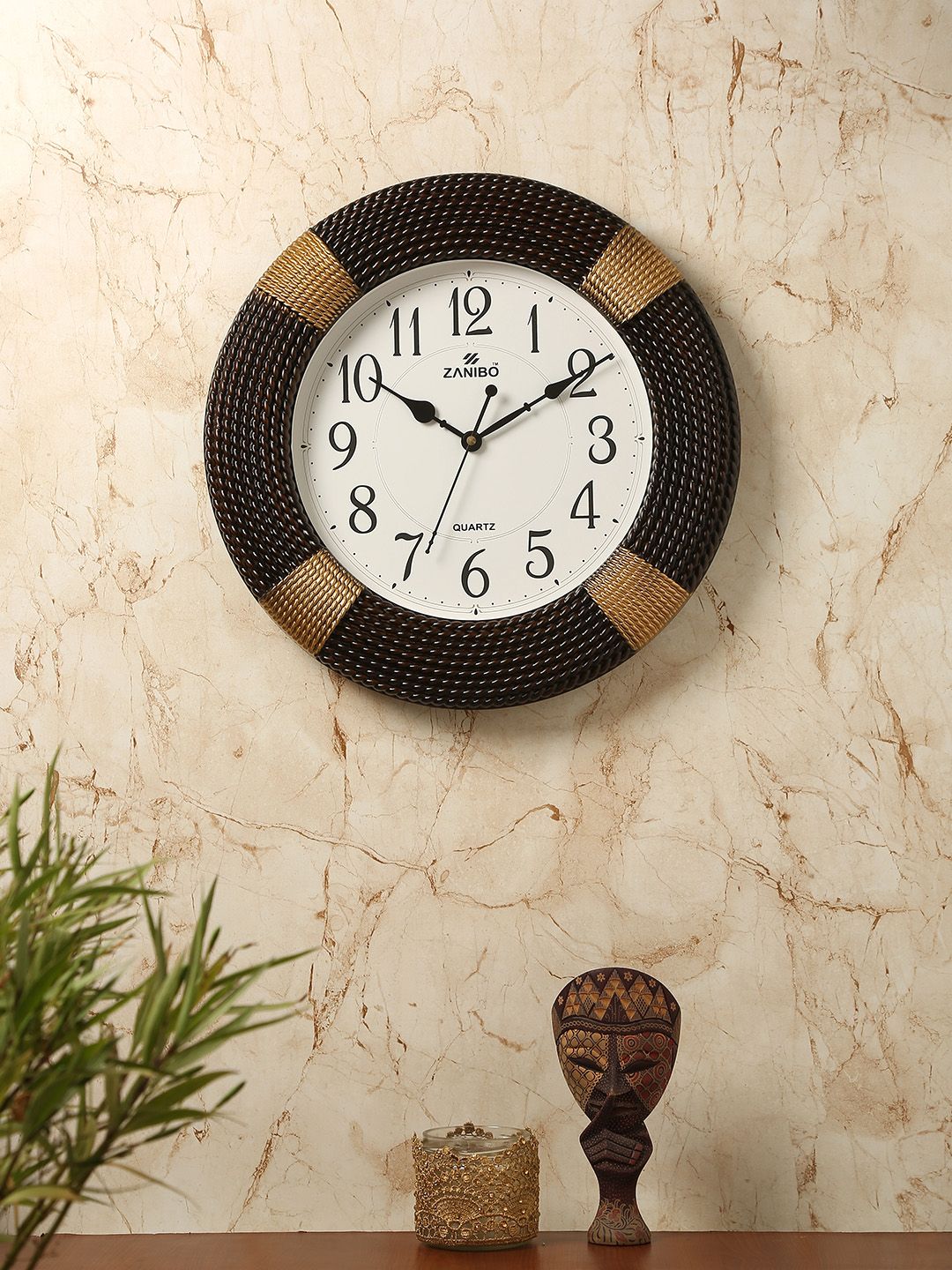 ZANIBO White & Brown Round Solid Analogue Wall Clock Price in India