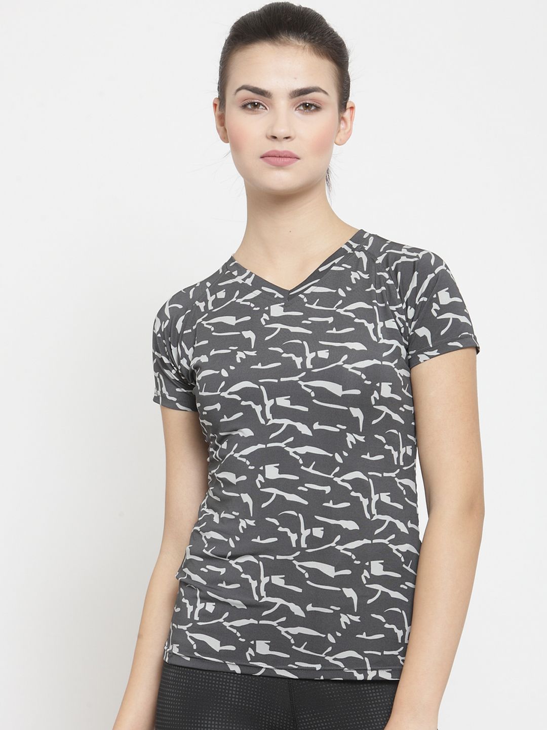 Boston Club Women Grey Printed V-Neck Slim-Fit Dr-Fit T-shirt Price in India