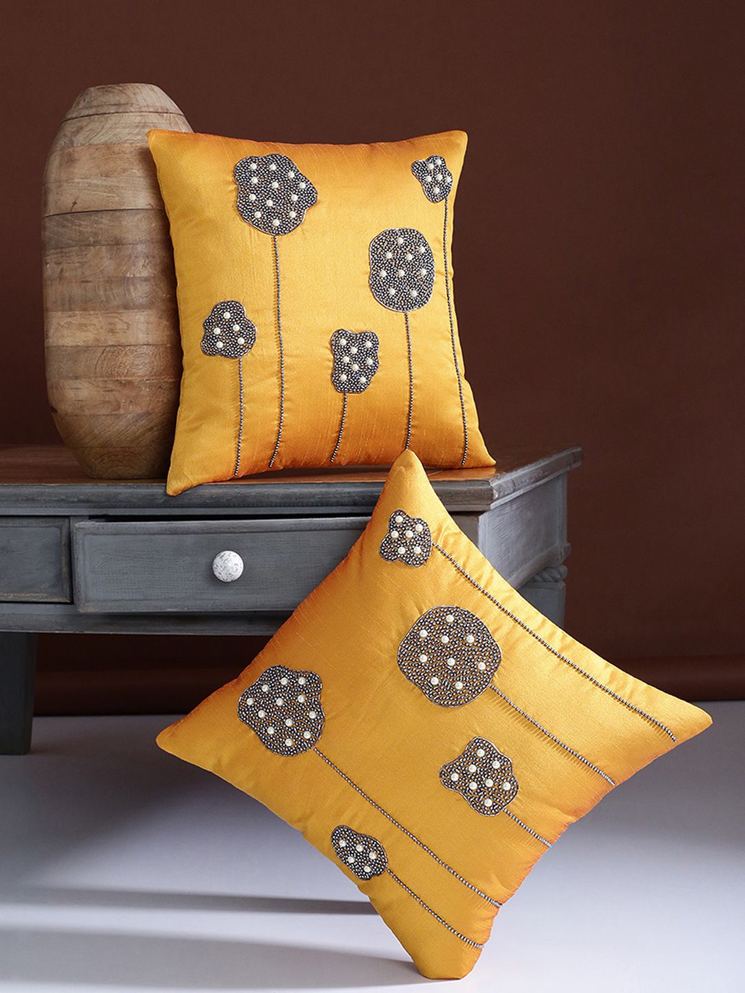 Alina decor Yellow Set of 2 Embellished Square Cushion Covers Price in India