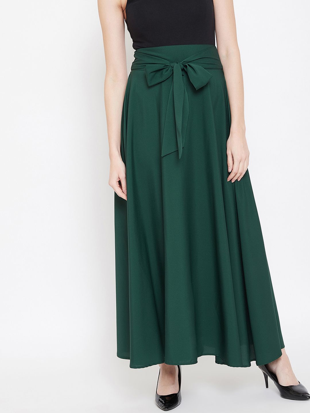 Berrylush Green Bow Tie Waist Flared Maxi Skirt Price in India