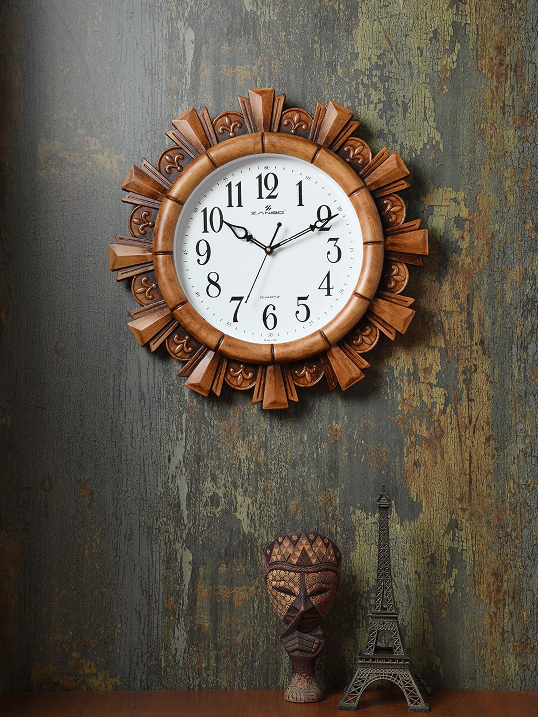 ZANIBO White & Brown Floral Solid Analogue Wall Clock Price in India